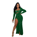 Fashion Solid Mesh Patchwork Slit Sexy Sequin Evening Dress