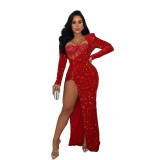 Fashion Solid Mesh Patchwork Slit Sexy Sequin Evening Dress