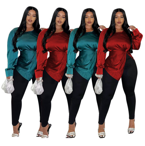 Satin Solid Long Sleeve Twist Chic Top