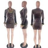 Velvet Fur Trim V-Neck Long Sleeve Fitted Top + Mini Skirt Sexy Two Pieces