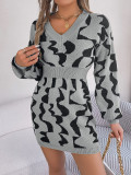 Winter V-Neck Contrast Long Sleeve Slim Waist Bodycon Sweater Dress