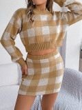 Fall Winter Contrast Plaid Knitting 2PCS Set Long Sleeve Crop Top and Skirt