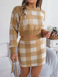 Fall Winter Contrast Plaid Knitting 2PCS Set Long Sleeve Crop Top and Skirt