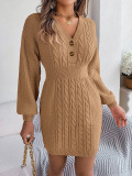 Fall Winter Lantern Sleeve V-Neck High Waist Sweater Dress