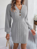 Fall Winter Lantern Sleeve V-Neck High Waist Sweater Dress