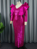 Hot Pink V-Neck Ruffles Sequin Long Evening Dress