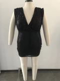 Plus Size Black Sequin Deep-V Sleeveless Bodycon Dress