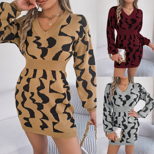 Winter V-Neck Contrast Long Sleeve Slim Waist Bodycon Sweater Dress