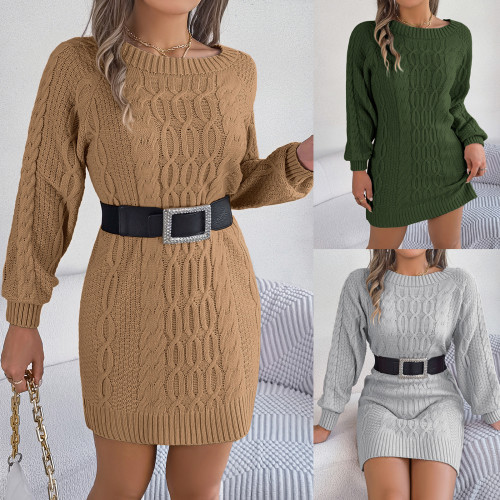 Fall Winter Lantern Sleeve Sweater Dress(without belt)