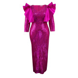 Hot Pink V-Neck Ruffles Sequin Long Evening Dress