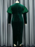 Green Velvet Puff Sleeve Long Evening Dress