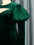 Green Velvet Puff Sleeve Long Evening Dress