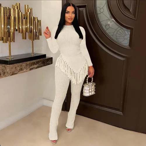 Tassel Irregular Top and Pants Fashion Long Sleeve 2PCS Set