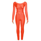 Sexy V-Neck Top and Pants Tight Ruched Casual Sports 2PCS Set