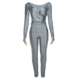 Sexy V-Neck Top and Pants Tight Ruched Casual Sports 2PCS Set