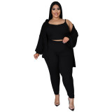 Plus Size Solid Ribbed Three Piece Set Shirt + Cami Top + Pants