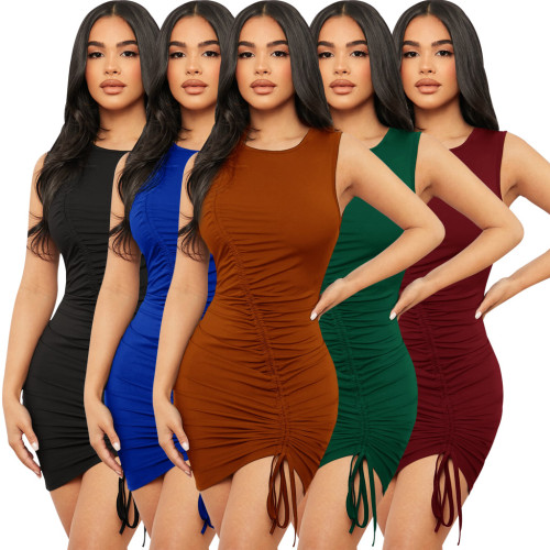 Sexy Solid Sleeveless Ruched Drawstring Bodycon Dress