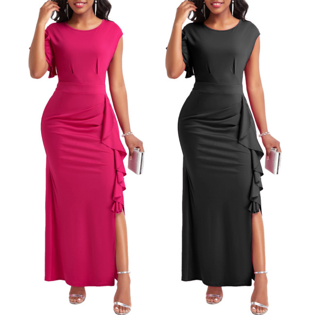 Fashion Sexy Round Neck Ruffles Slim Slit Long Dress