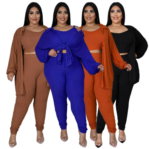 Plus Size Solid Ribbed Three Piece Set Shirt + Cami Top + Pants