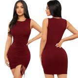 Sexy Solid Sleeveless Ruched Drawstring Bodycon Dress