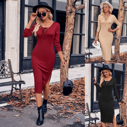 Solid Lace Up Sexy Long Sleeve Ribbed Slit Casual Dress