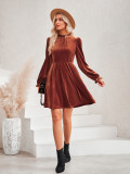 Fall Winter Velvet Solid Ruffle Slim Waist Casual Dress