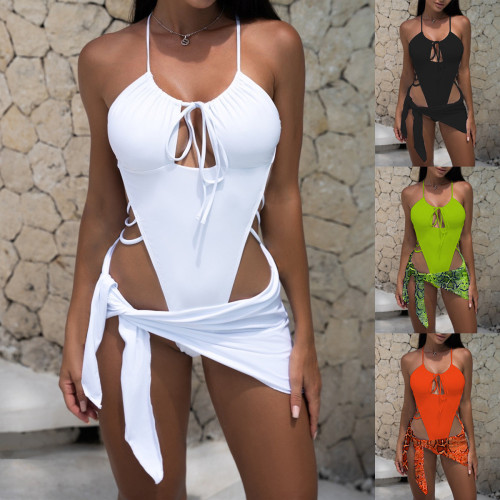 Women One-Piece Bikini Swimsuit with Cover-Up Skirt