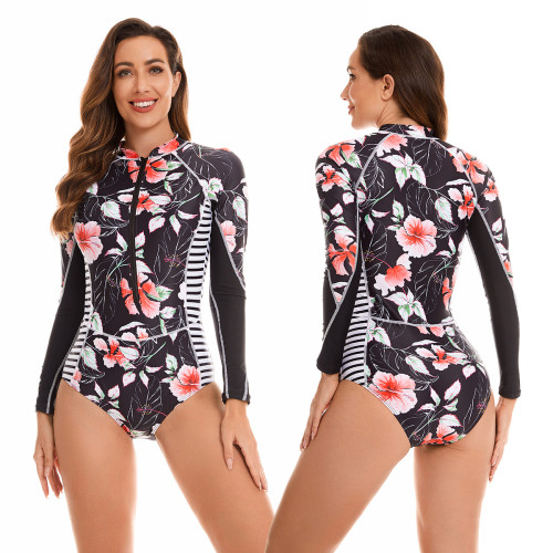 Leaf and Striped Print Patchwork Long Sleeve Diving Rash Guards