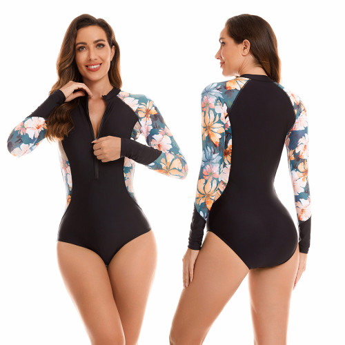 Floral Print Patchwork Long Sleeve Zipper Diving One Piece Swimsuit
