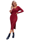 Solid Lace Up Sexy Long Sleeve Ribbed Slit Casual Dress