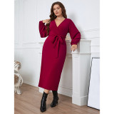 Red V-Neck Plus Size Long Sleeve Back Slit Midi Dress
