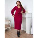 Red V-Neck Plus Size Long Sleeve Back Slit Midi Dress