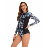 Leaf Print Patchwork Long Sleeve Surfing Rash Guards