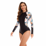 Floral Print Patchwork Long Sleeve Zipper Diving One Piece Swimsuit