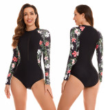 Floral Print Patchwork Long Sleeve Zipper One Piece Swimsuit