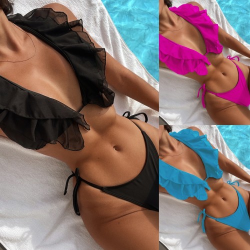 Sexy Mesh Ruffles Tie Sides Bikini Set