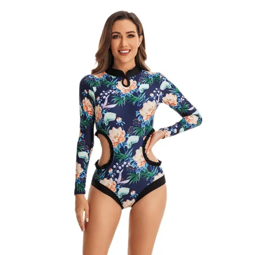 Floral Print Patchwork Cutout Long Sleeve Zipper Surfing Rash Guards