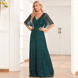 Shiny Green Double V-Neck Flutter Sleeve Ruched A Line Evening Gown