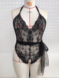 Plus Size Sexy Teddy Lingerie See Through Black Lace Crotchless Bodysuit