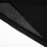 Black Mesh See-Through Long Sleeve Crop Top and Pants Sexy 2PCS Set