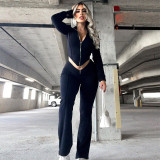 Casual Two Pieces V-Shape Hem Long Sleeve Jacket and Bell Bottom Pants
