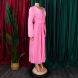 Solid Elegant V-Neck Long Sleeve Belted High Waist Pleated Maxi Dress