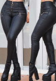 Zipper Black Patchwork Pu-Leather Slim Pants