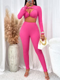 Hot Pink Sexy O-ring Hollow Out Long Sleeve Crop Top Pants Tight 2PCS Set