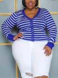 Plus Size Striped Button V-Neck Long Sleeve Top