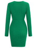 Elegant Ruched Round Neck Solid Long Sleeve Bodycon Dress
