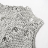 Fashion Ripped Long Sleeve Back Lace-Up Knitting Mock Neck Jumpsuit