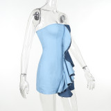 Denim Strapless Ruffled Color Block Bodycon Mini Dress
