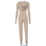 Khaki Hooded Long Sleeve Irregular Top & Pants Casual 2PCS Set