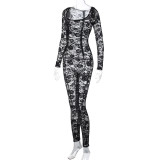 Sexy Hollow Out Black Lace Back Zipper Long Sleeve Jumpsuit